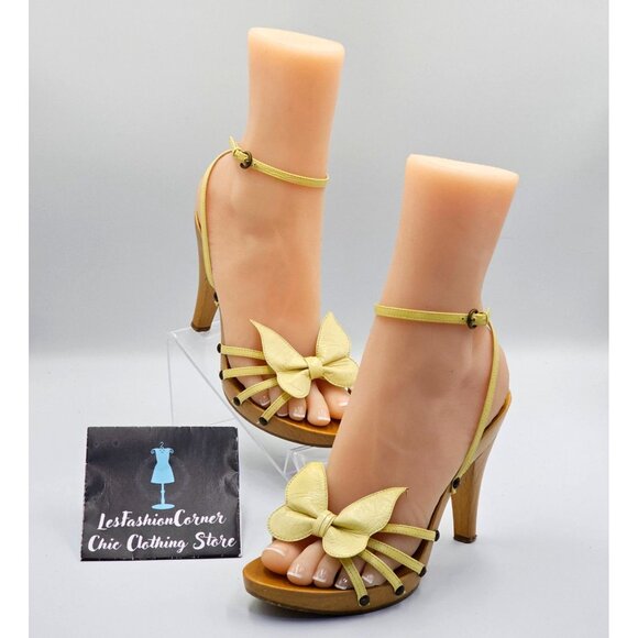Moschino Women's Yellow Leather Ankle Strap Wooden Platform Sandal Sz 6 2694 - Picture 4 of 16